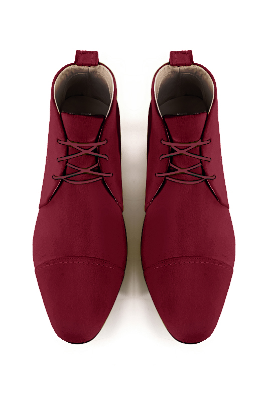Burgundy red women's ankle boots with laces at the front. Round toe. Low flare heels. Top view - Florence KOOIJMAN